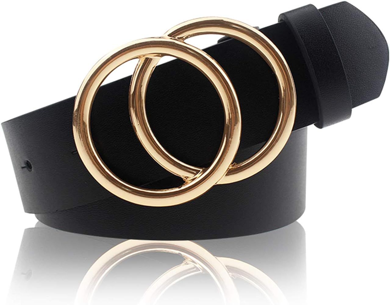 Women's PU Leather Belt Double O Ring Soft Faux Leather Waist Belt | Amazon (US)
