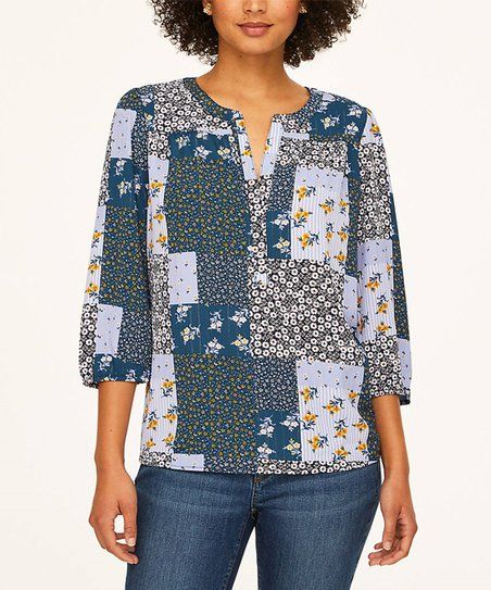 LOFT Outlet Industrial Navy Picnic Patchwork Boho Shine Notch Neck Top - Women | Zulily