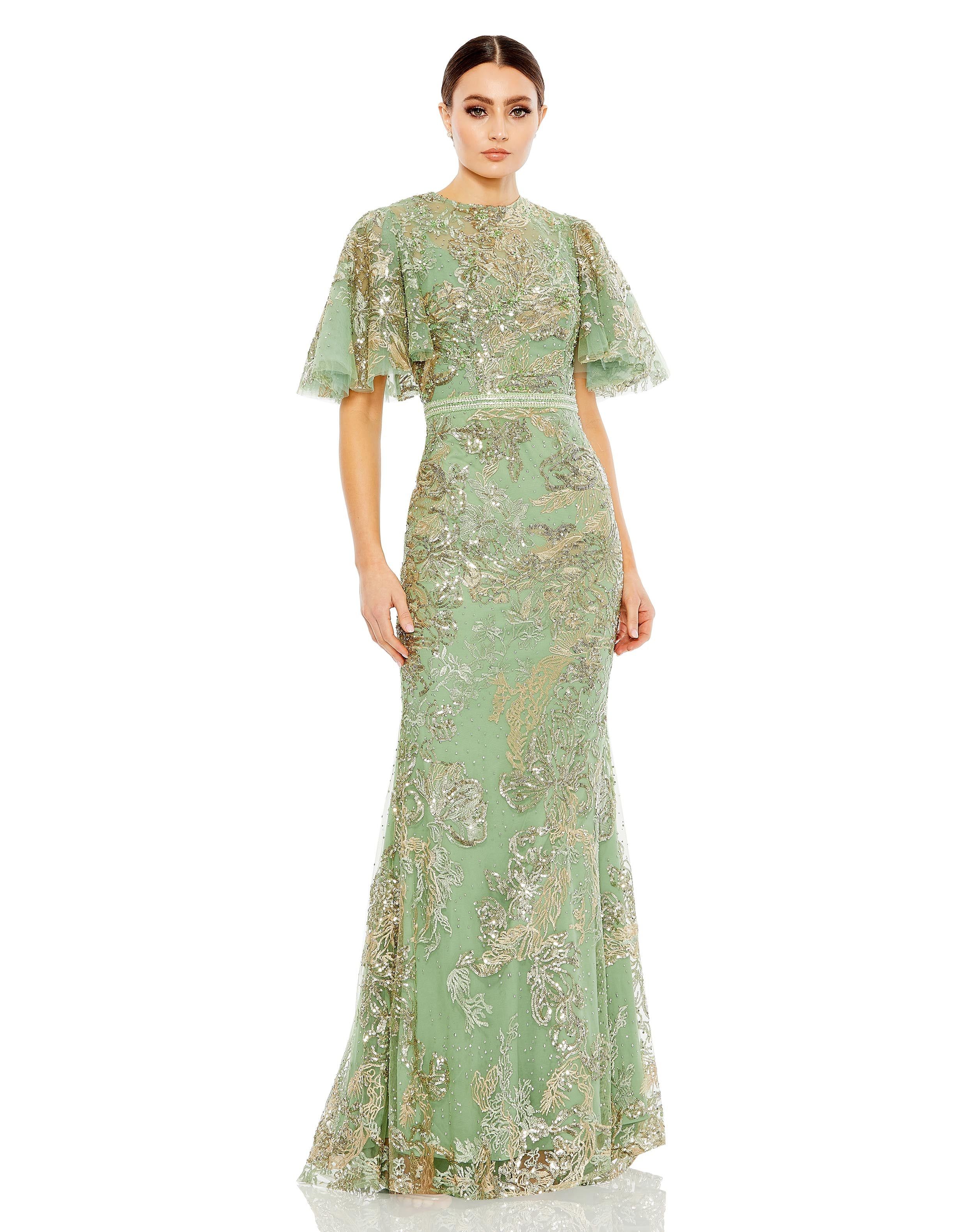 Embellished Flutter Sleeve High Neck Gown | Mac Duggal