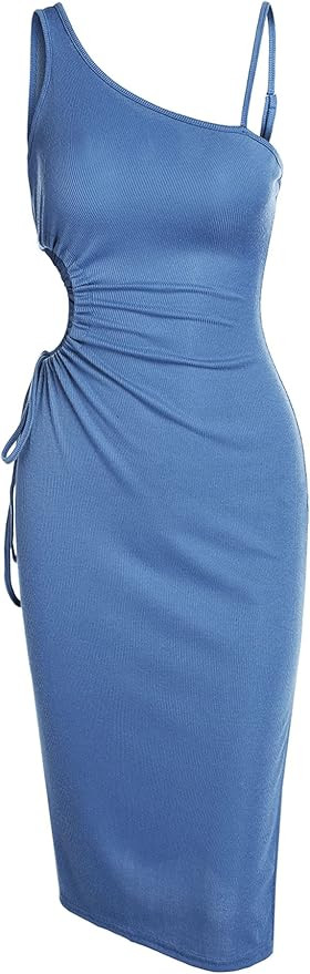 ZAFUL Women's Solid Color Asymmetrical Spaghett Skew Neck Waist Split Side Sleeveless Long Slinky... | Amazon (US)