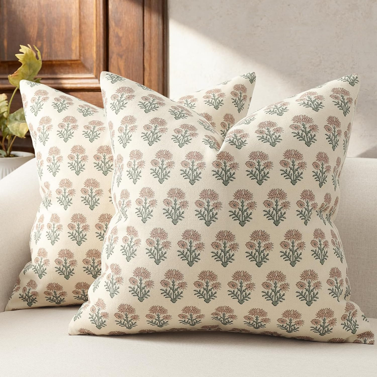 Farmhouse Floral Pillow Covers 20x20 Set of 2, Country Botanical Throw Pillow Cover for Sofa Couch Bed Living Room, Rustic Vintage Flower Cushion Covers Cottage Home Decor,Blush Sage | Amazon (US)