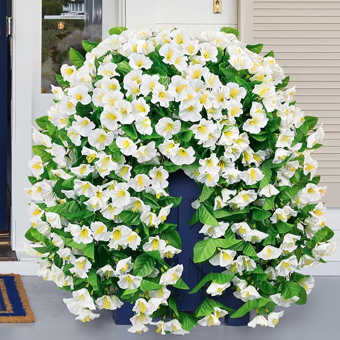 Artificial Hanging Flowers for Outdoors, 2 Pack White Silk Morning Glory Fake Flowers UV Resistan... | Amazon (US)