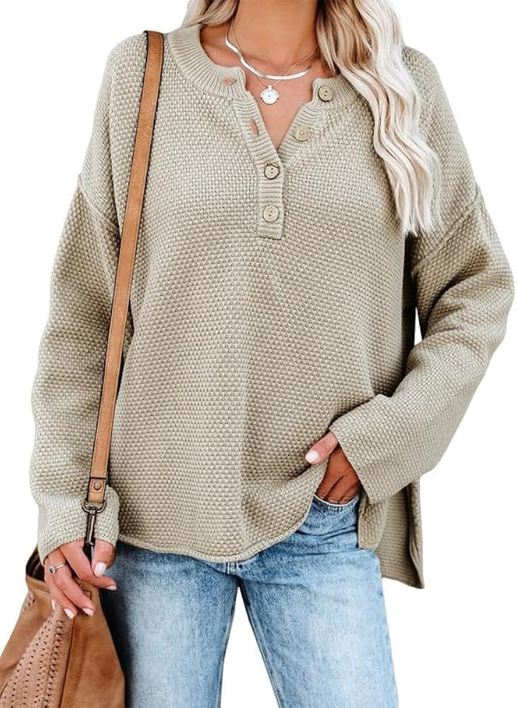 SHEWIN Women's Waffle Knit Long Sleeve V Neck Oversized Sweaters for Women Trendy 2023 | Amazon (US)