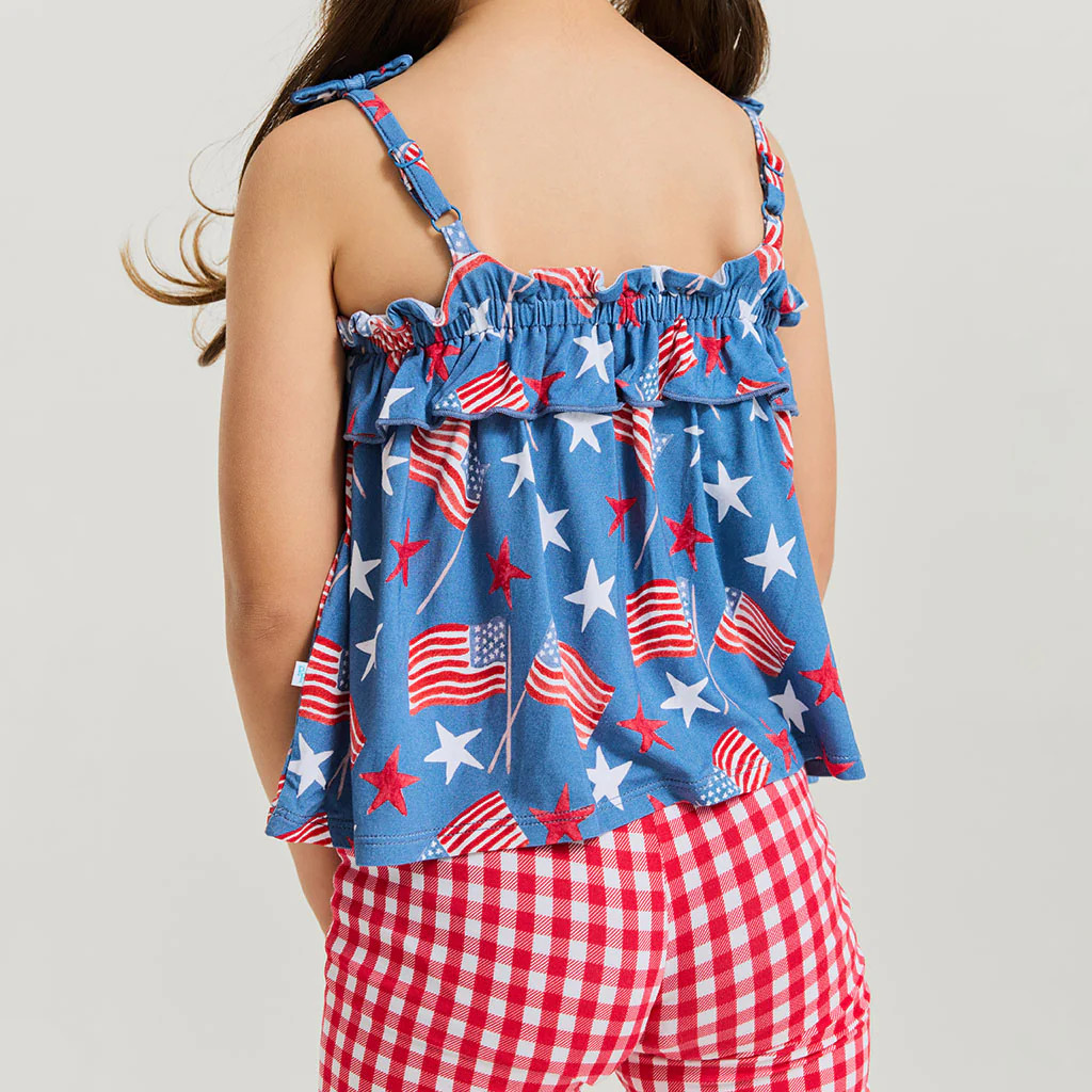 Americana Blue Sleeveless Sam Bow Strap Top Ruffled Short Set | Posh Peanut\u00ae | Posh Peanut