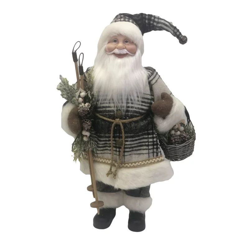 Holiday Time Santa in Black & White Coat with Basket & Ski Poles Indoor Decor, 18" - Walmart.com | Walmart (US)