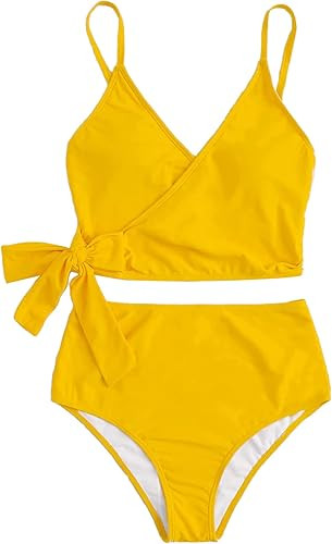 SweatyRocks Women's Two Pieces Swimsuit Solid Color Tie Side Top High Waisted Bikini Set | Amazon (US)
