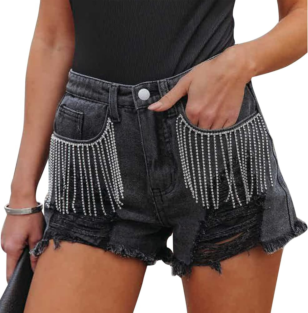 Women's Rhinestone Denim Shorts Fringe Jeans Shorts Mid Rise Ripped Hem Casual Distressed Tassels... | Amazon (US)