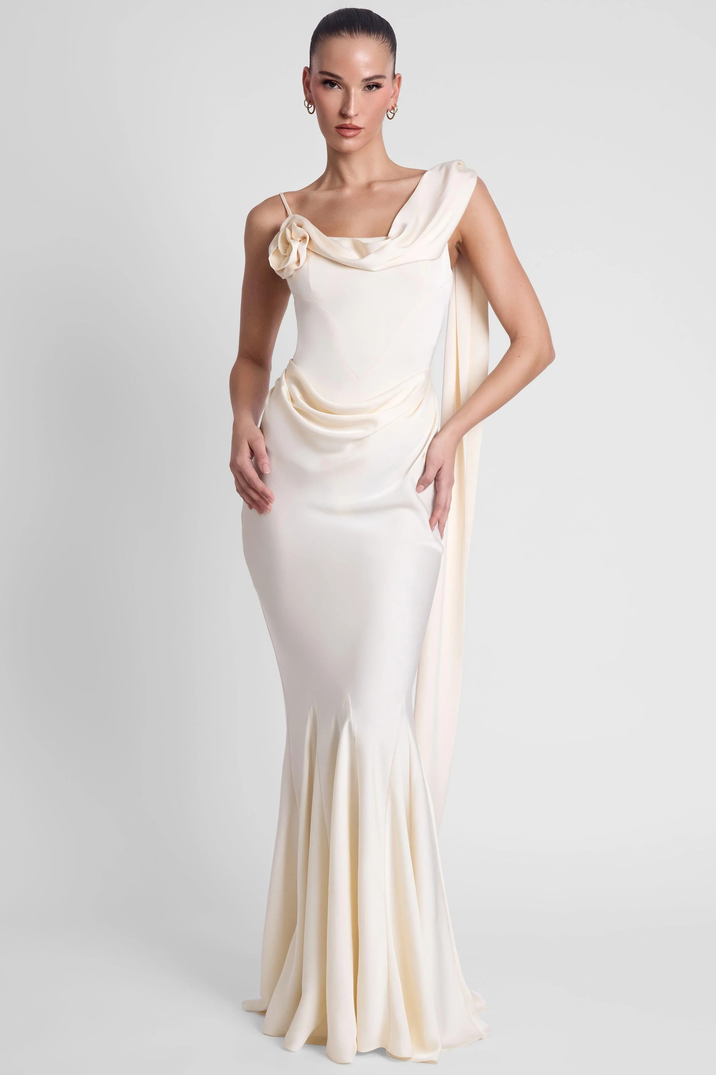 Celine Corset Drape Satin Gown - Ivory | LEAU (US)