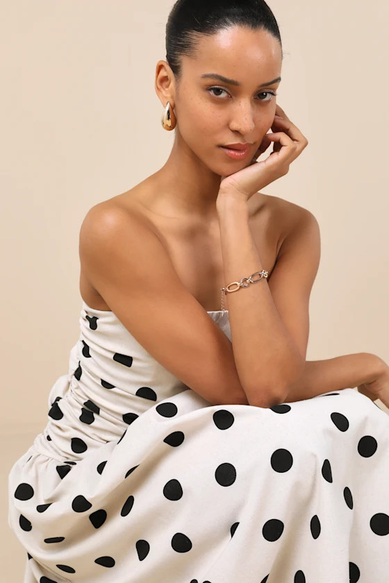 Brona Cream Polka Dot Ruched Drop Waist Strapless Midi Dress | Lulus