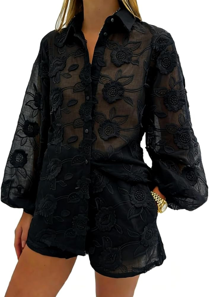 Womens Lace 2 Piece Outfits Long Sleeves Lapel Jacket Top Lace Up Mini Shorts Casual Going Out Se... | Amazon (US)