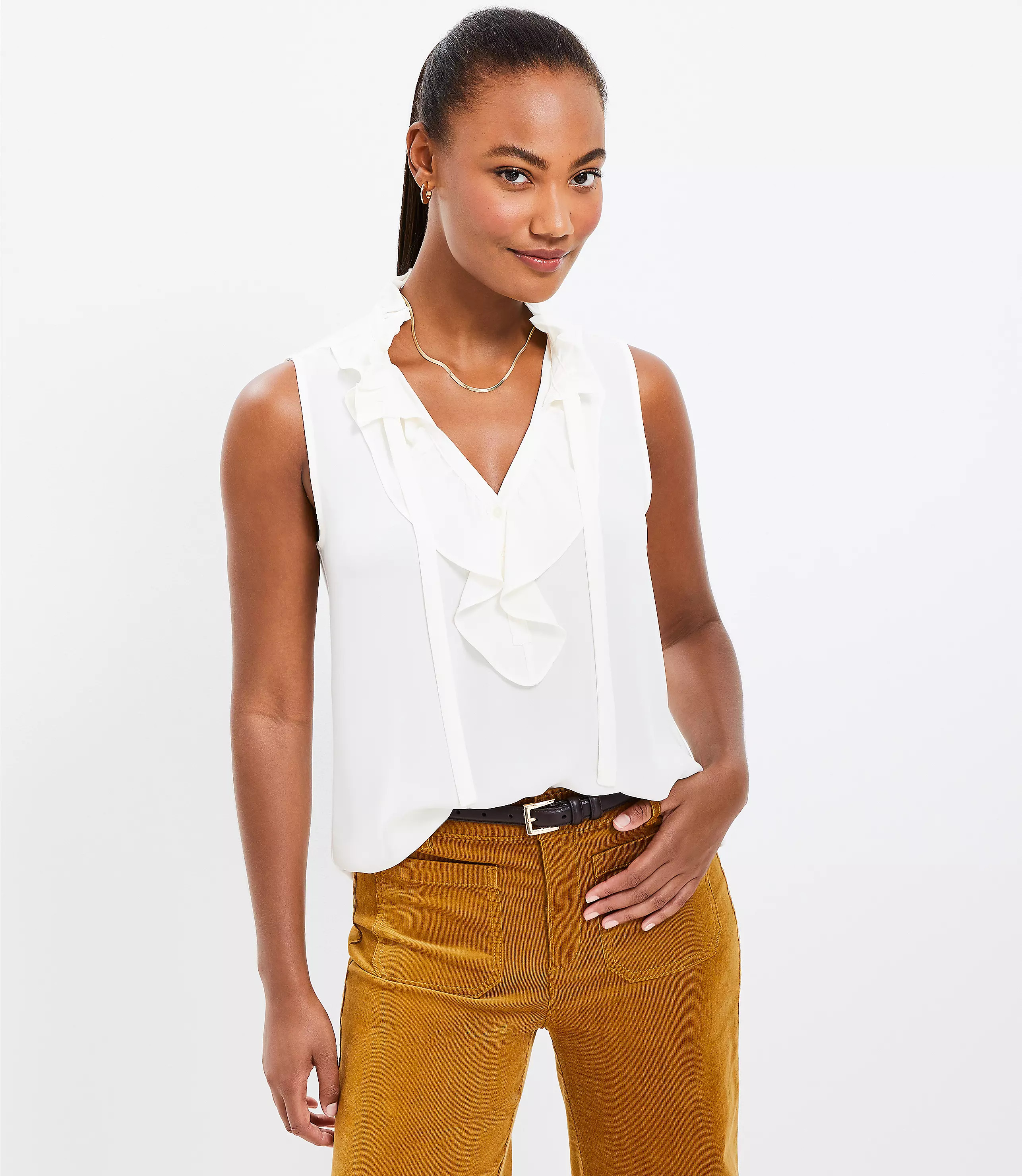 Ruffle Tie Neck Mixed Media Shell | LOFT