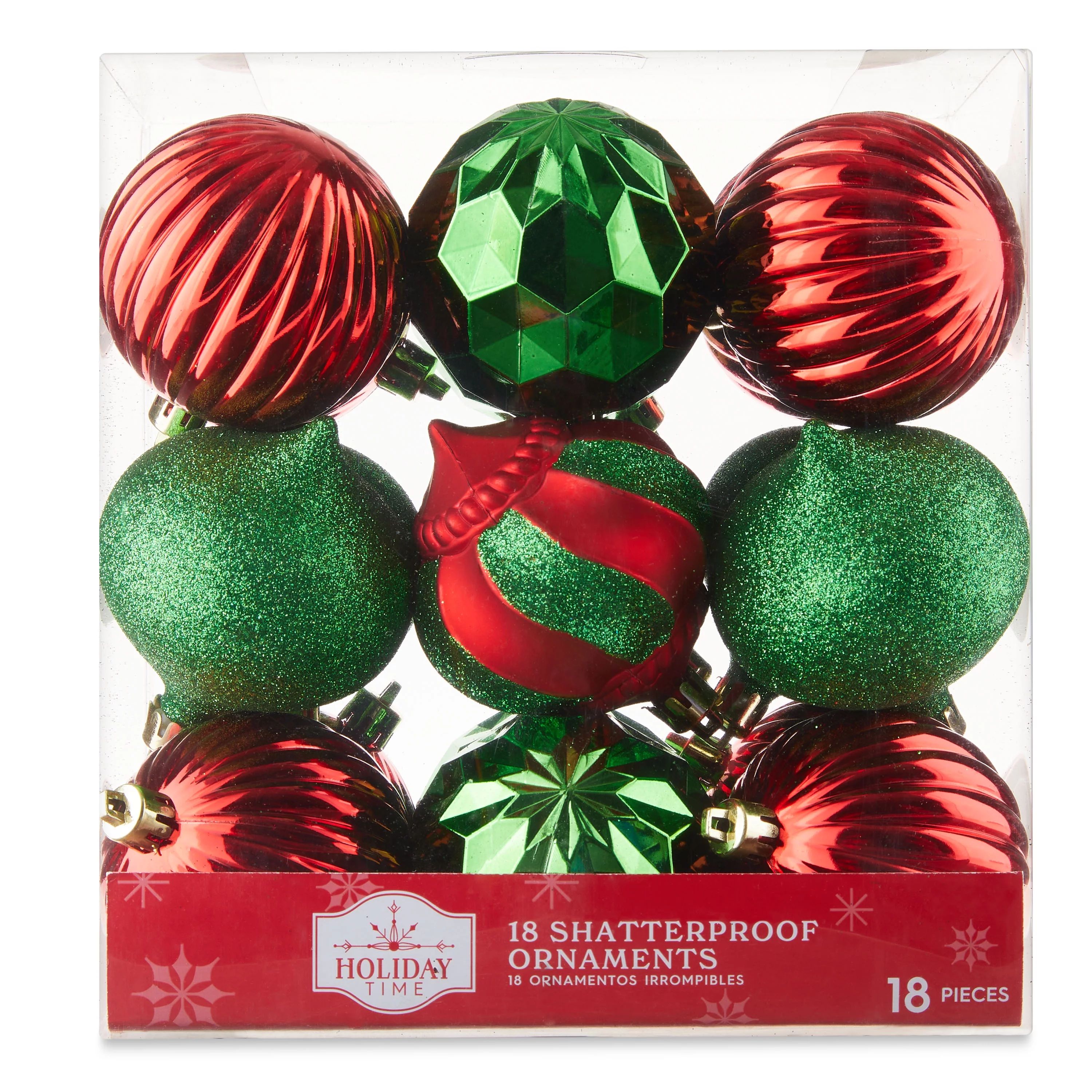 Red and Green Shatterproof Christmas Ornaments, 18 Count, Holiday Time - Walmart.com | Walmart (US)