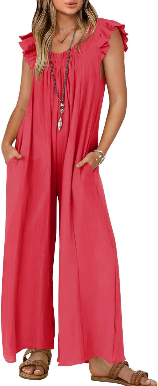 ZESICA Women's Summer Loose Jumpsuit Casual V Neck Sleeveless Oversized Wide Leg Pant Overalls Ro... | Amazon (US)