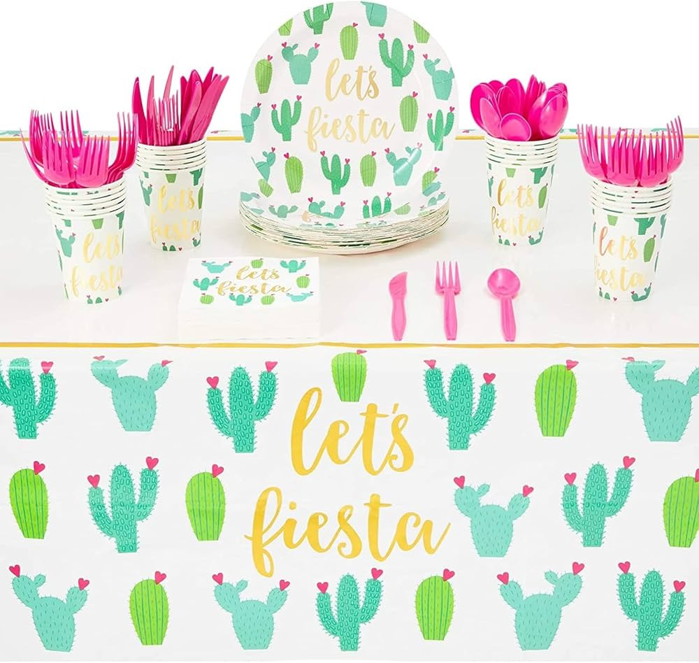 145 Pieces Let's Fiesta Party Supplies, Cactus Plates, Napkins, Cups, Cutlery, Tablecloth for Bir... | Amazon (US)