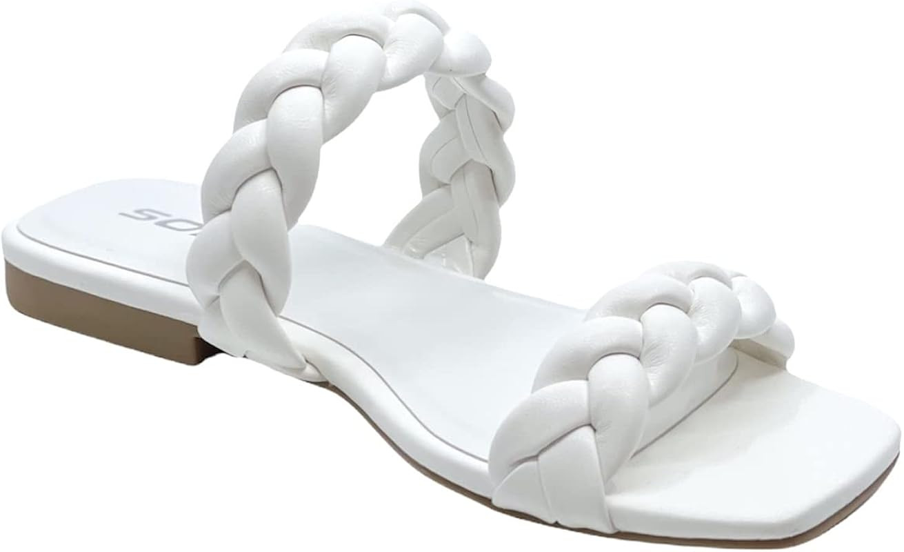 Soda VAULT Women's Square Open Toe Flat Sandals Braided Strap Slip-on Slides Woven Sandals | Amazon (US)