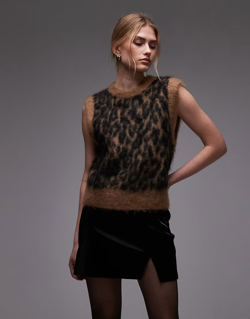 & Other Stories brushed hairy mohair merino wool blend knitted vest in brown leopard print | ASOS (Global)