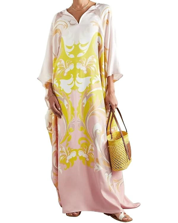 Signer Printed Satin Silk Casual Wear Kaftan for Women,Boat Neck Silk Caftan Dress, Maxi Long Dre... | Amazon (US)