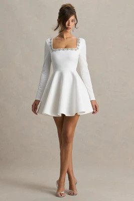 Astonish | White Long-Sleeve Embellished Square-Neck Mini Dress With Volume Skirt | Club L London
