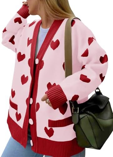 Saodimallsu Womens Oversized Heart Cardigan Color Block V Neck Button Long Sleeve Chunky Valentin... | Amazon (US)