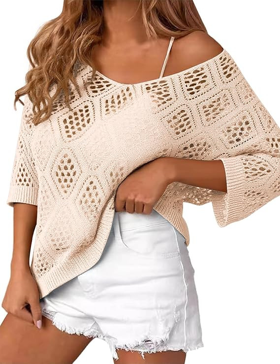 LOMON Womens 3/4 Sleeve Crochet Tops Off Shoulder Hollow Out Sweater V Neck Casual Loose Fit Beac... | Amazon (US)