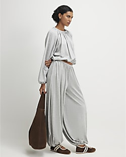 Grey Ruched Bubble Hem Trousers | River Island UK & IE