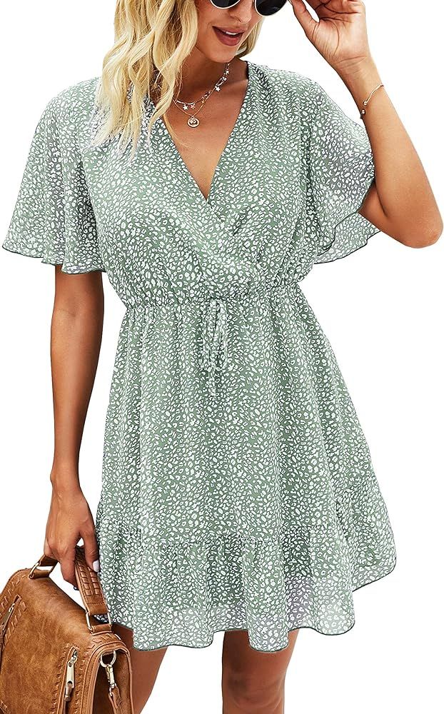 ECOWISH Womens Ruffle Dress V Neck Swing Summer Short Sleeve Floral Sundress Casual Mini Dresses | Amazon (US)