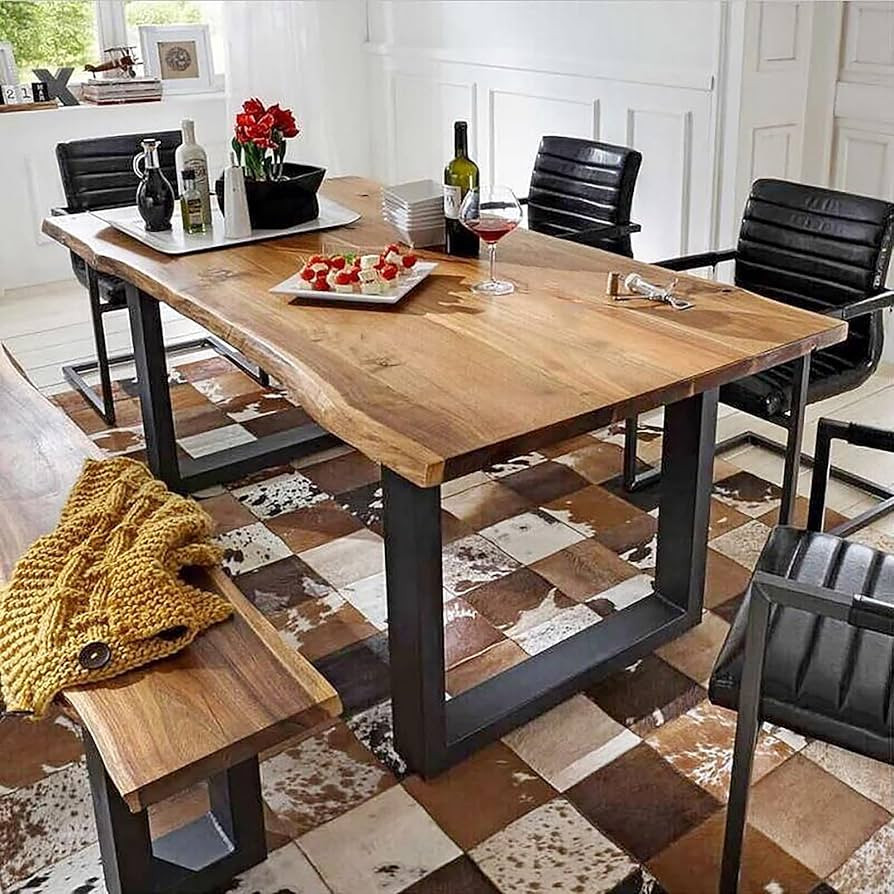 Industrial Solid Wood Dining Table,Rectangle Kitchen Table with Metal Base, Farmhouse Live Edge D... | Amazon (US)