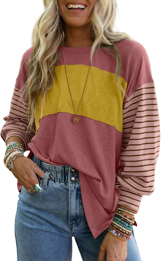 Dokotoo Long Sleeve Tops Oversized 2025 Trendy Round Crew Neck Casual Color Block Womens Shirts B... | Amazon (US)