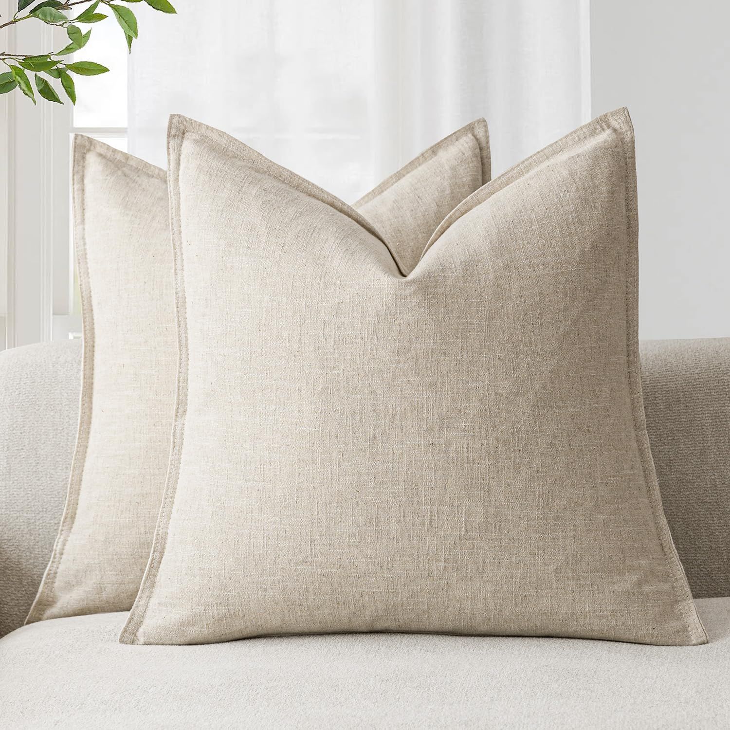 Foindtower Pack of 2, Decorative Linen Soild Throw Pillow Covers Soft Accent Cushion Case Boho Farmhouse Neutral Pillowcase for Couch Sofa Bedroom Living Room Home Decor 20 x 20 Inch Natural Beige | Amazon (US)