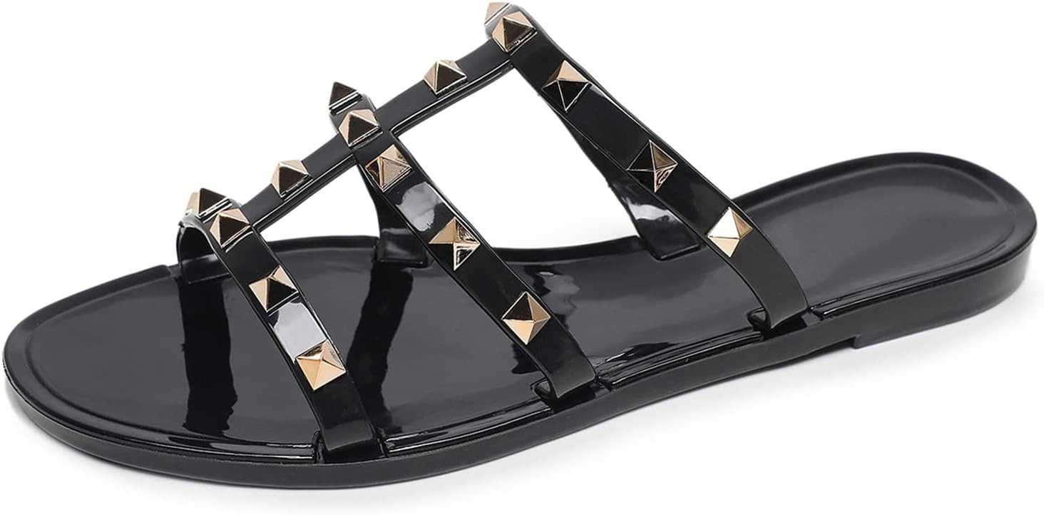 Women Flats Sandals, Studded Jelly Shoes Size 9 Red Dressy Summer Beach Rivets Strappy Jellies Slide Slip On Open Toes | Amazon (US)