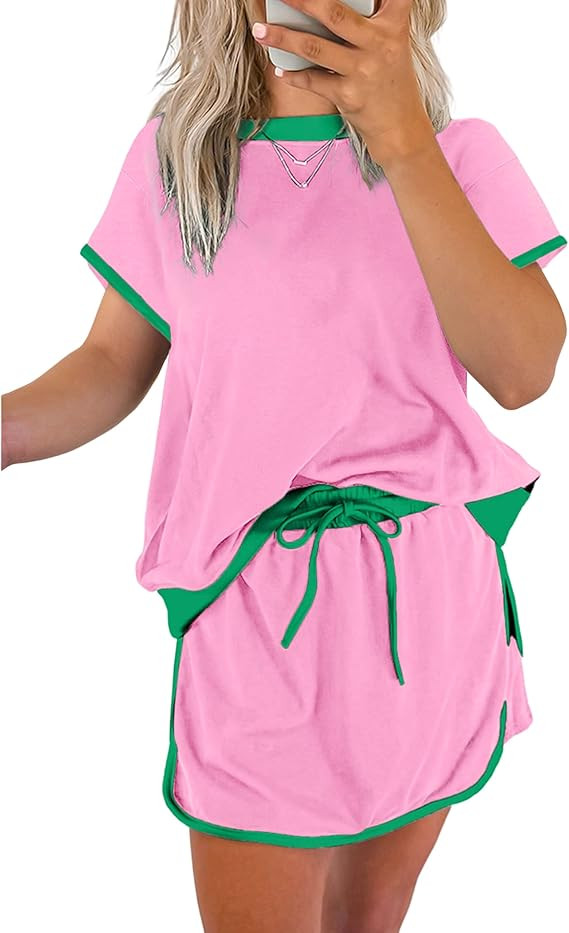SELINK Lounge Sets for Women 2 Piece Skirt Colorblock Drop Shoulder T Shirt and Skort Set Summer ... | Amazon (US)