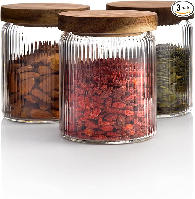 Mason & Fable Ribbed Glass Jar with Wooden Lid 17oz, Set of 3 | Airtight Fluted Storage Canisters... | Amazon (US)