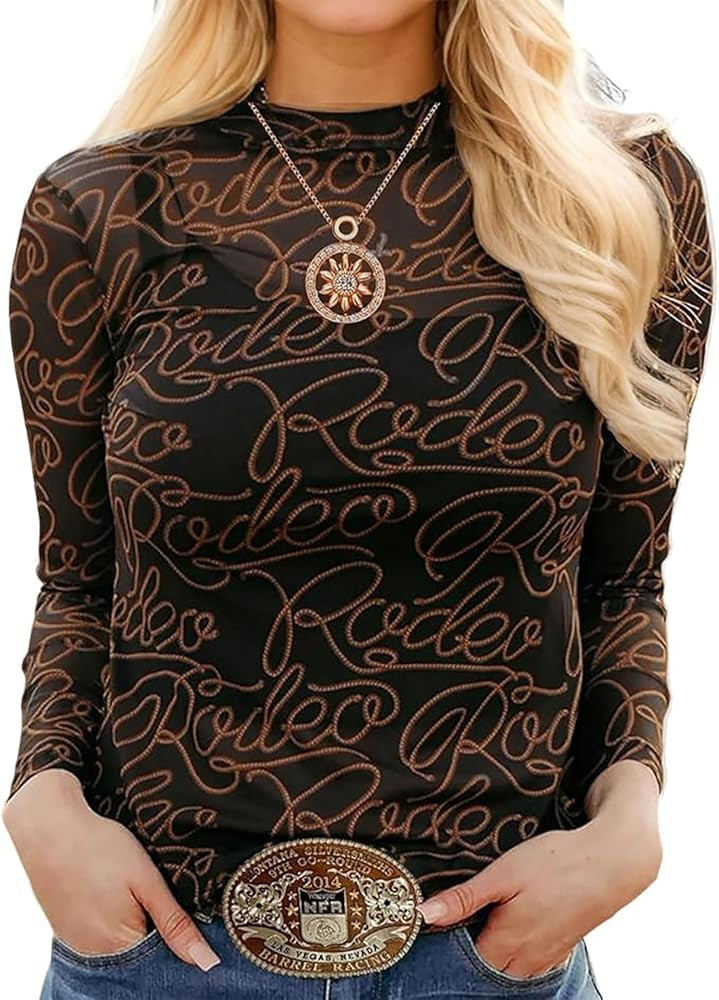 Chvity Women's Long Sleeve Mock Neck Tops Sexy See Through Mesh Going Out Tops Y2k Sheer Letter P... | Amazon (US)