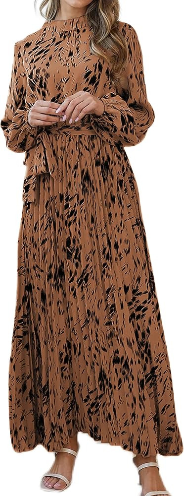 R.Vivimos Fall Dresses for Women Long Sleeve Pleated Casual Mock Neck Elegant Print Maxi Dress wi... | Amazon (US)