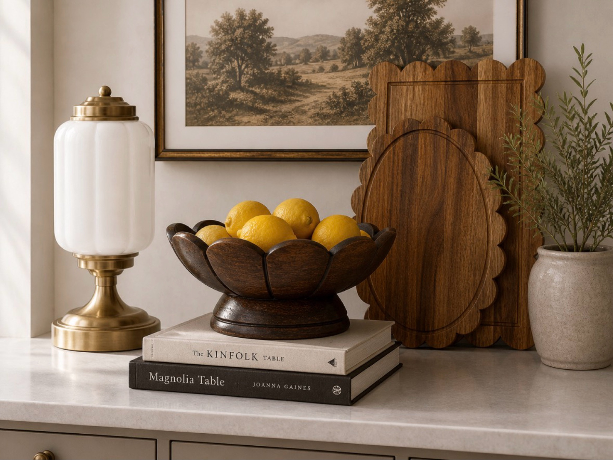 Obsessed with all the scallops 😍 & the lamp is perfection ✨ Perfect kitchen counter decor 🤎 #kitchendecor #scallopeddecor #tablelamp

#LTKHome #LTKSaleAlert