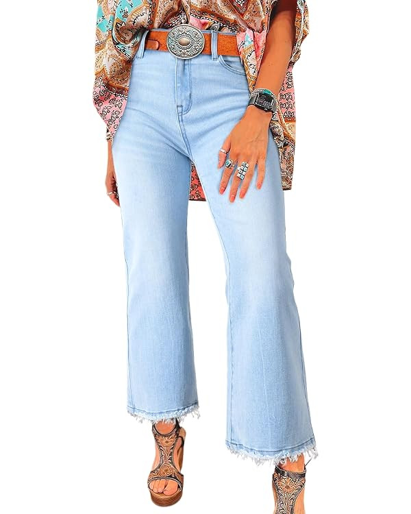 Astylish Womens High Waisted Jeans Stretchy Flared Straight Leg Loose Trendy Raw Hem Denim Pants | Amazon (US)