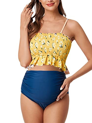 Summer Mae Maternity High Waist Swimsuit Ruffle Hem Bikini Bathing Suit Shirred Bandeau Two Piece... | Amazon (US)