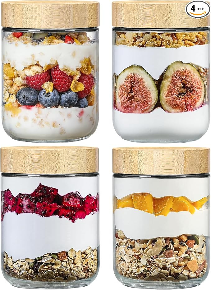 NETANY 4-pack 16oz Glass jars with Airtight Lids, Overnight Oats Containers with Bamboo Lids, Wid... | Amazon (US)