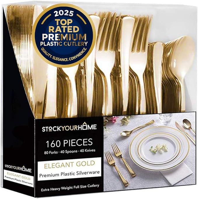 Gold Plastic Silverware Set (160 Bulk Pack) Disposable Cutlery Utensils, 80 Gold Forks, 40 Gold K... | Amazon (US)