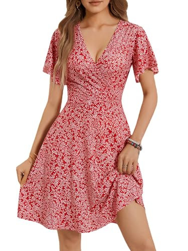 FENSACE Red Dresses for Women Vacation Sun Resort Beach Dress(Red White Floral-60,Large) | Amazon (US)