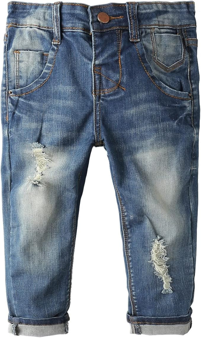KIDSCOOL SPACE Baby Girl Boy Jeans,Elastic Band Inside with D-Rings Ripped Denim Pants | Amazon (US)