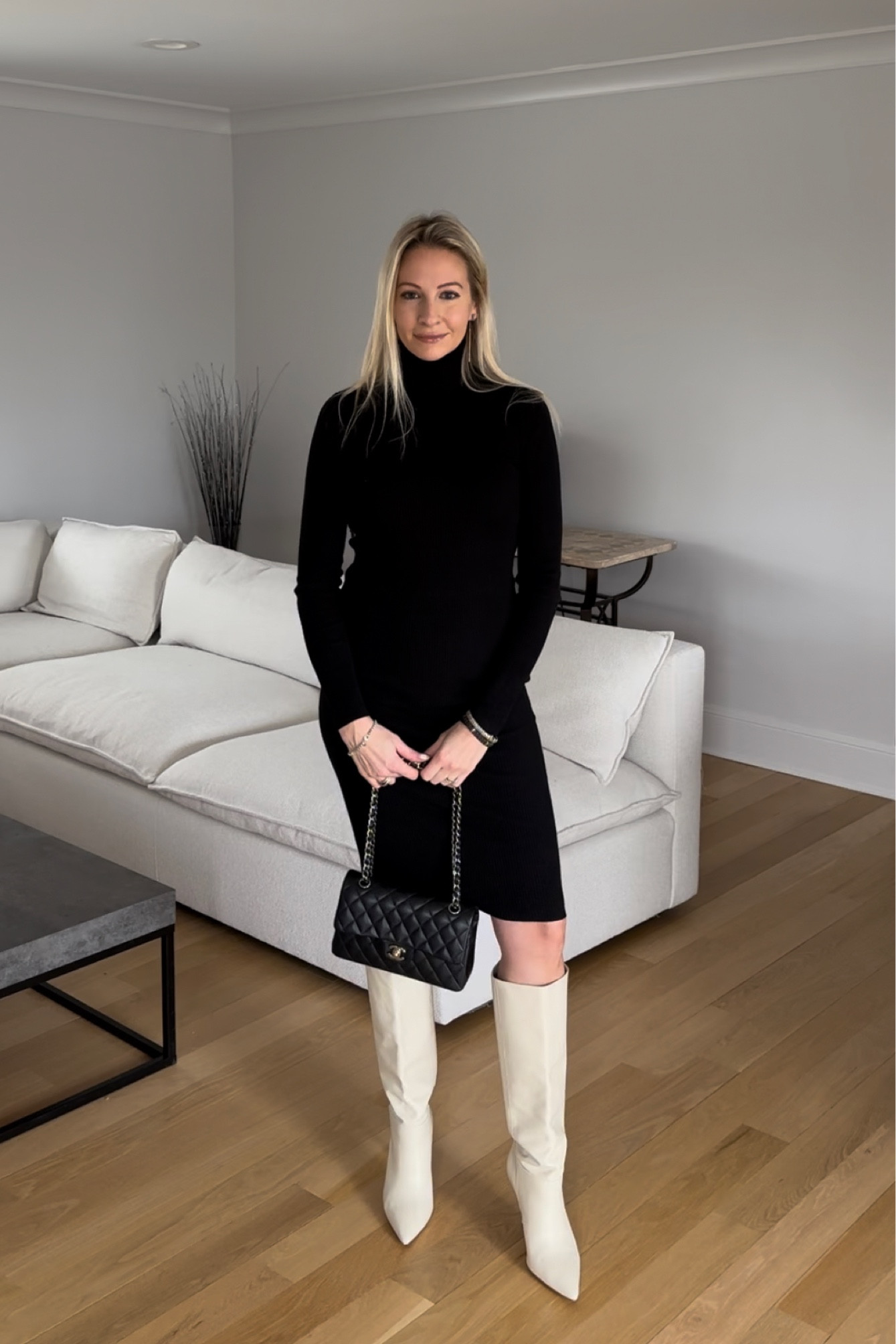 Valentine’s Day outfit
Date night outfit
Black turtleneck midi sweater dress
White knee high boots
Chanel small flap bag
Ysl earrings
Valentine’s Day gift for her 
#ltkstyletip

#LTKshoecrush #LTKSeasonal #LTKFind