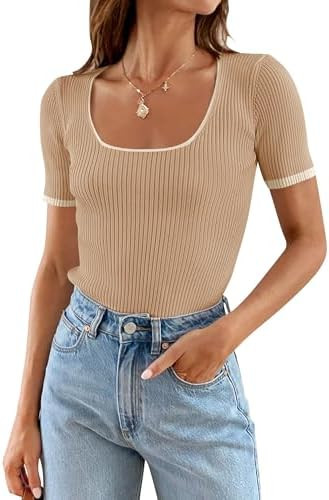 ZESICA Women's Short Sleeve Square Neck Color Block T Shirt 2026 Summer Slim Fit Ribbed Knit Basi... | Amazon (US)
