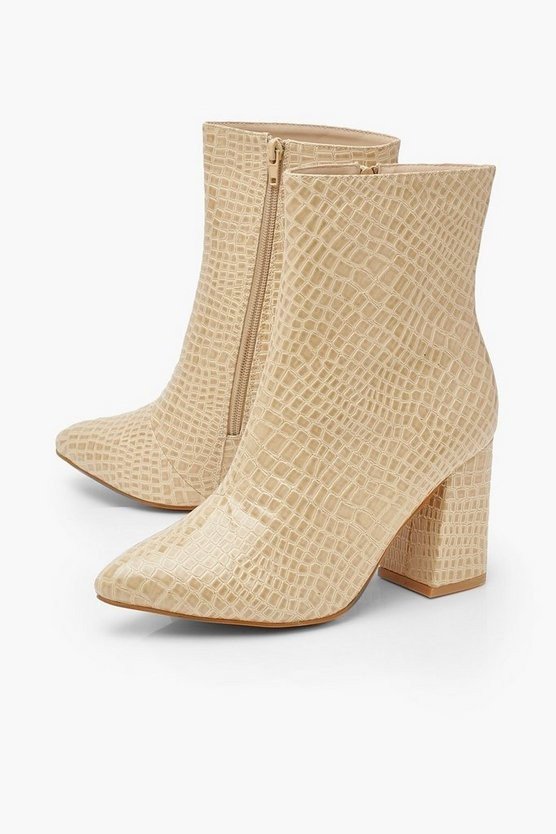 Wide Fit Croc Block Heel Boots | Boohoo.com (US & CA)