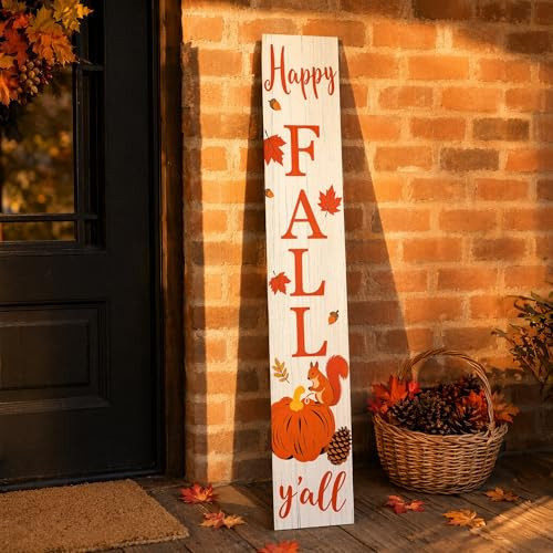 Happy Fall Y'all Vertical Standing Porch Sign - Farmhouse Fall Welcome Decor, Autumn Thanksgiving Decorative Wooden Sign with Pumpkin, Squirrel & Maple Leaves, Rustic Fall Home Decor for Front Porch | Amazon (US)