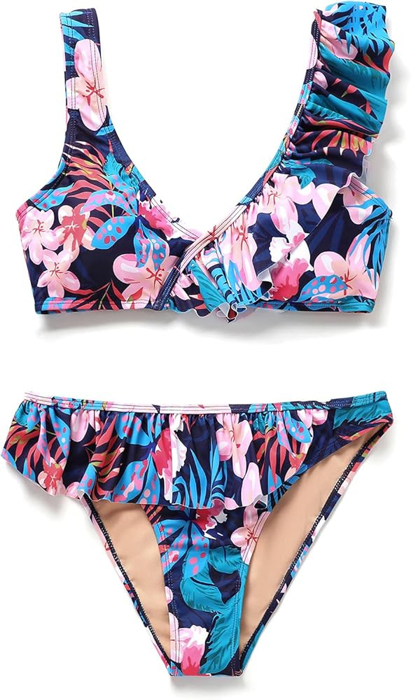 Women Two Pieces Ruffle Top Bikini Sets, Push up Floral Flounce Ruched Padded Bathing Suits | Amazon (US)
