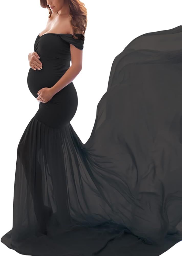 JustVH Maternity Off Shoulder Chiffon Gown Maxi Photography Dress for Photo Shoot Photo Props Dress | Amazon (US)