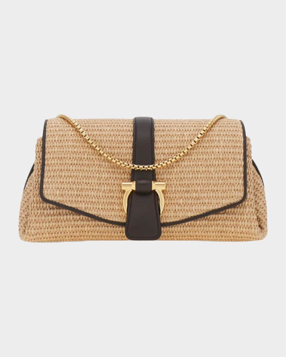 Ferragamo Leather-Trim Raffia Crossbody Bag | Neiman Marcus