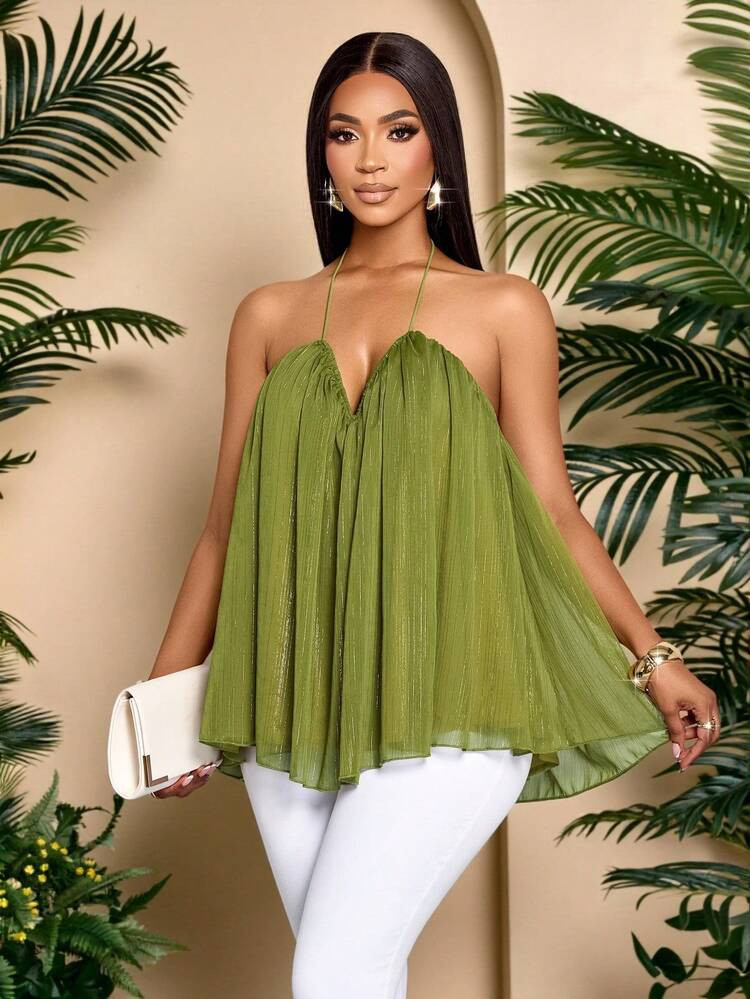 SOLERSUN Women's Elegant Deep V Neck Sparkly Fabrics Draped Spaghetti Straps Layered Camisole Tank Top | SHEIN