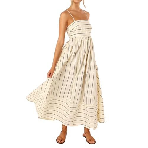 ABYOVRT Women Striped Maxi Dress Sleeveless Backless Cutout Smocked Sundress Spaghetti Straps Boho Flowy Dresses (Apricot,M) | Amazon (US)